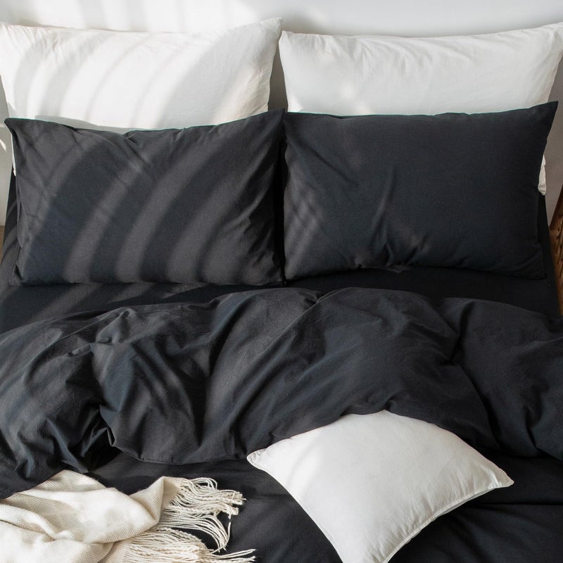 MooMee Bedding Pillowcases Pack of 2 100% Washed Cotton Linen Like Textured Breathable Durable Soft Comfy (Black  King) - Image 2