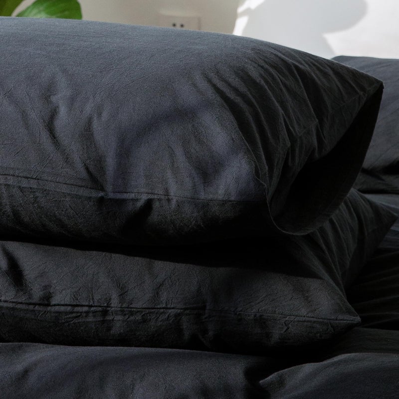 MooMee Bedding Pillowcases Pack of 2 100% Washed Cotton Linen Like Textured Breathable Durable Soft Comfy (Black  King) - Image 3