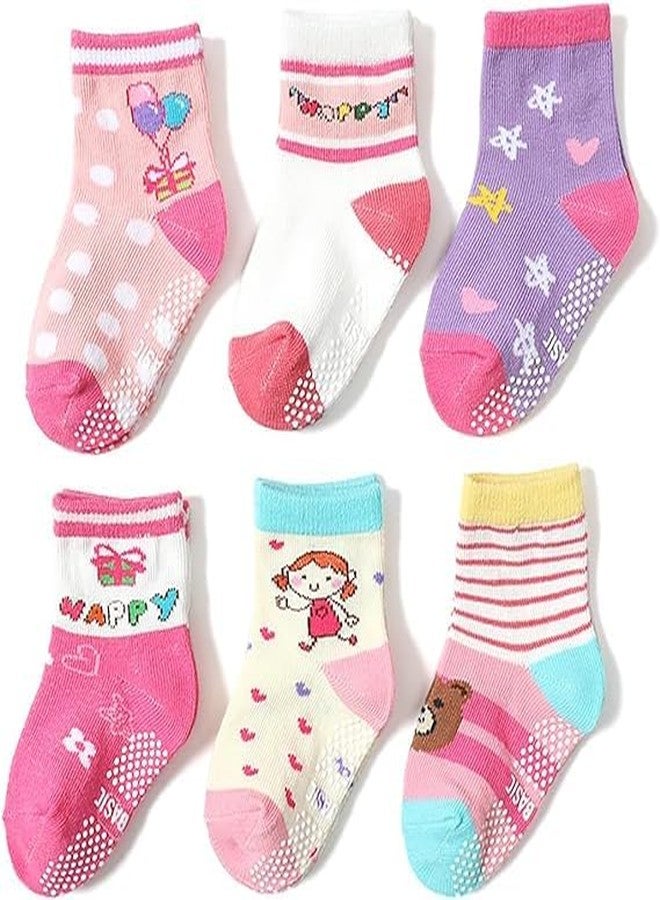 CUTEABLY Non-Slip Kids Toddler Socks with Grippers, Pink, 0-8 Years, for Active Boys and Girls, (Assorted)-Pack of 6 (PINK, 5-6 Year) - Image 1