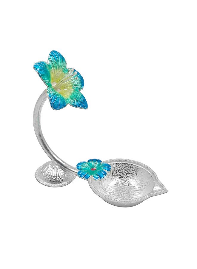 MAA SILVER Pure Silver Diya with Blue Colour Enamel & Hibiscus Flower Shape Design BIS Hallmarked Perfect for Gift and Pooja Use (92.5 Purity)(15 Grams Silver) - Image 1