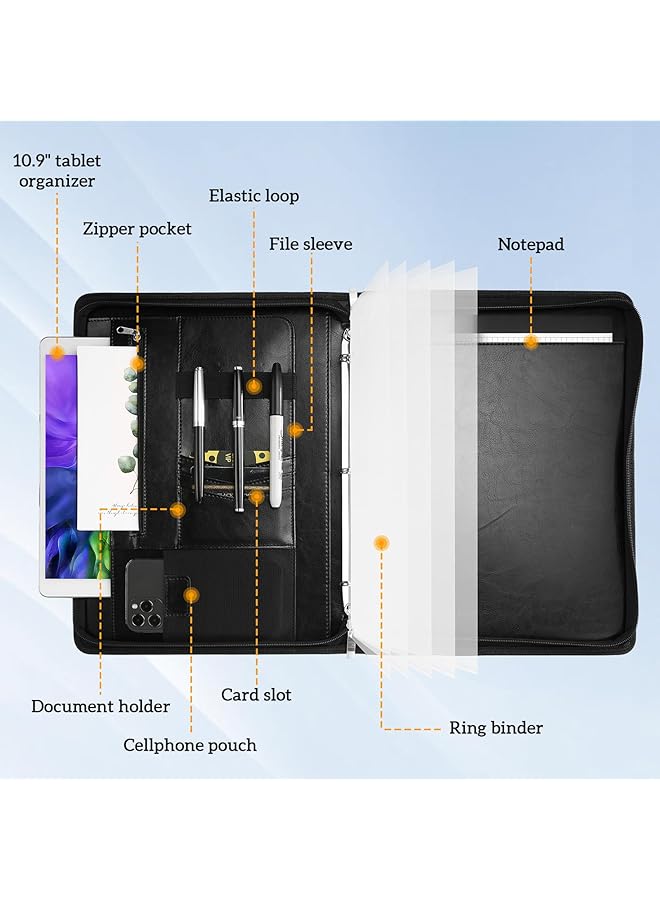 Procases Portfolio 3 Ring Padfolio Folder Organizer Pu Leather Business Planner A4 Notepad Zipper File Binder Clipboard Removable Document Sleeve For Resume Interview Meeting Black - Image 2