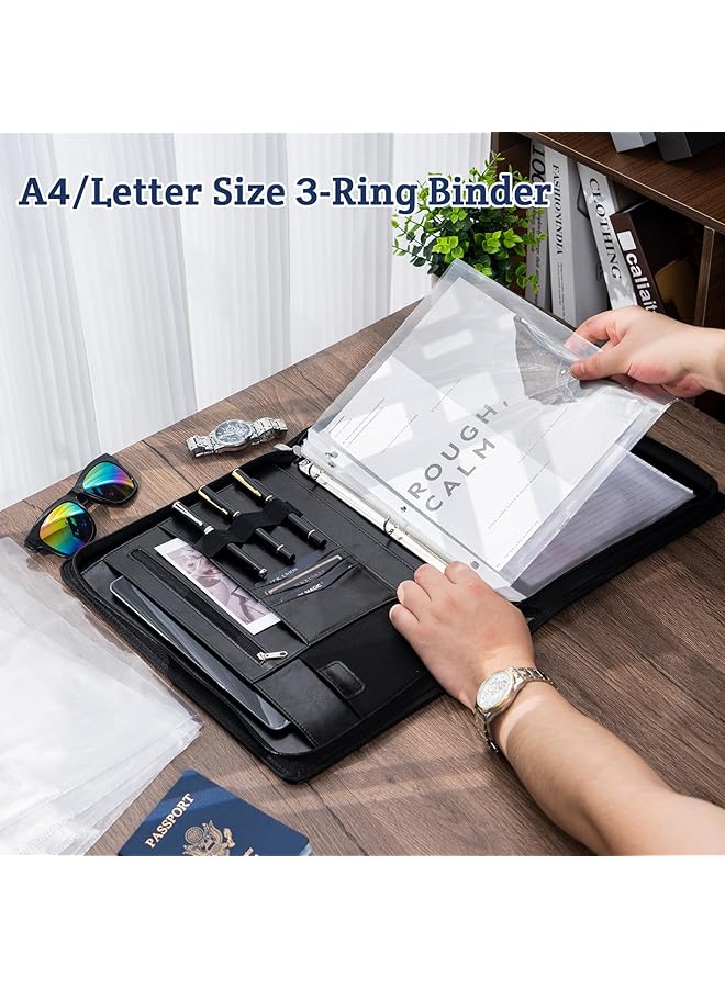 Procases Portfolio 3 Ring Padfolio Folder Organizer Pu Leather Business Planner A4 Notepad Zipper File Binder Clipboard Removable Document Sleeve For Resume Interview Meeting Black - Image 4