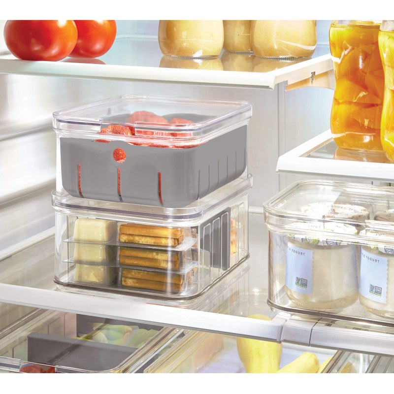 iDesign Recycled Plastic Crisp Produce Storage Containers with Lid and Colander Basket Designed to Keep Food Fresh Longer, 8.32â€ x 6.32â€ x 3.76â€, Clear/Gray - Image 2