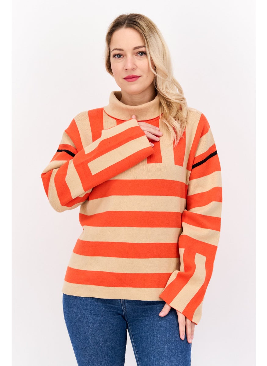 ESPRIT Women Turtle Neck Long Sleeves Stripe Sweater, Tan  - Image 1