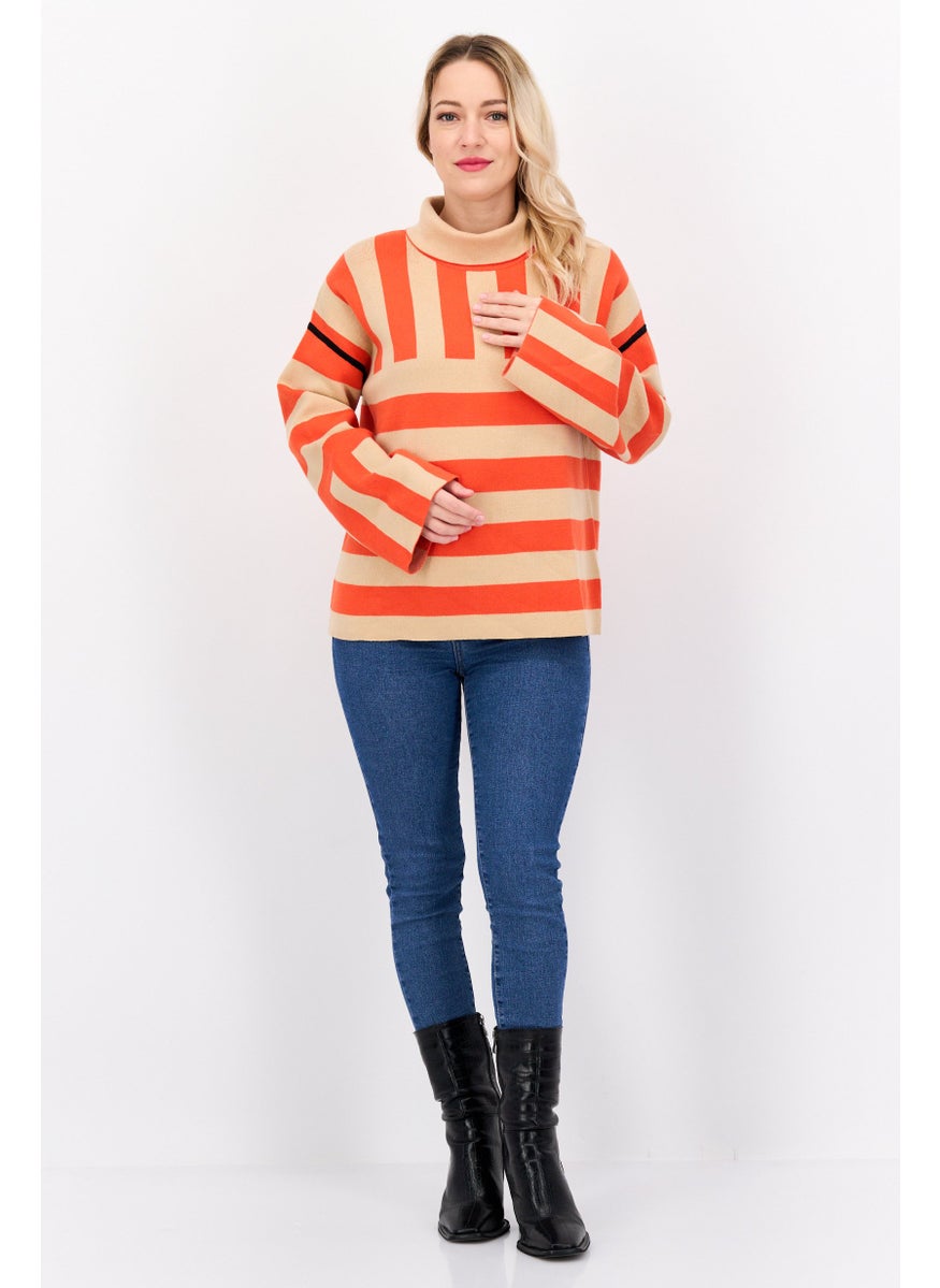 ESPRIT Women Turtle Neck Long Sleeves Stripe Sweater, Tan  - Image 4