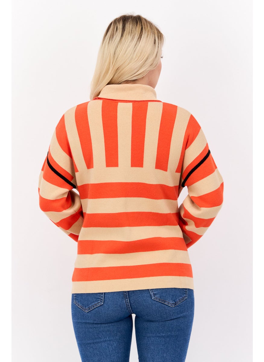 ESPRIT Women Turtle Neck Long Sleeves Stripe Sweater, Tan  - Image 3