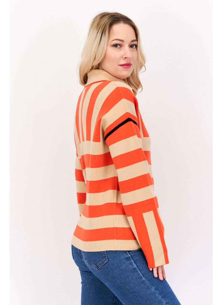 ESPRIT Women Turtle Neck Long Sleeves Stripe Sweater, Tan  - Image 2