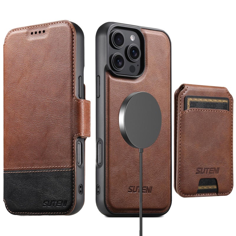 Suteni For Iphone 16 Pro Q06S2 3-In-1 Detachable Vertical Flip Wallet Magsafe Splicing Leather Phone Case(Brown) - Image 1