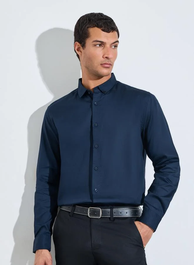 ستايلي Navy Blue Solid Textured Regular Fit Shirt