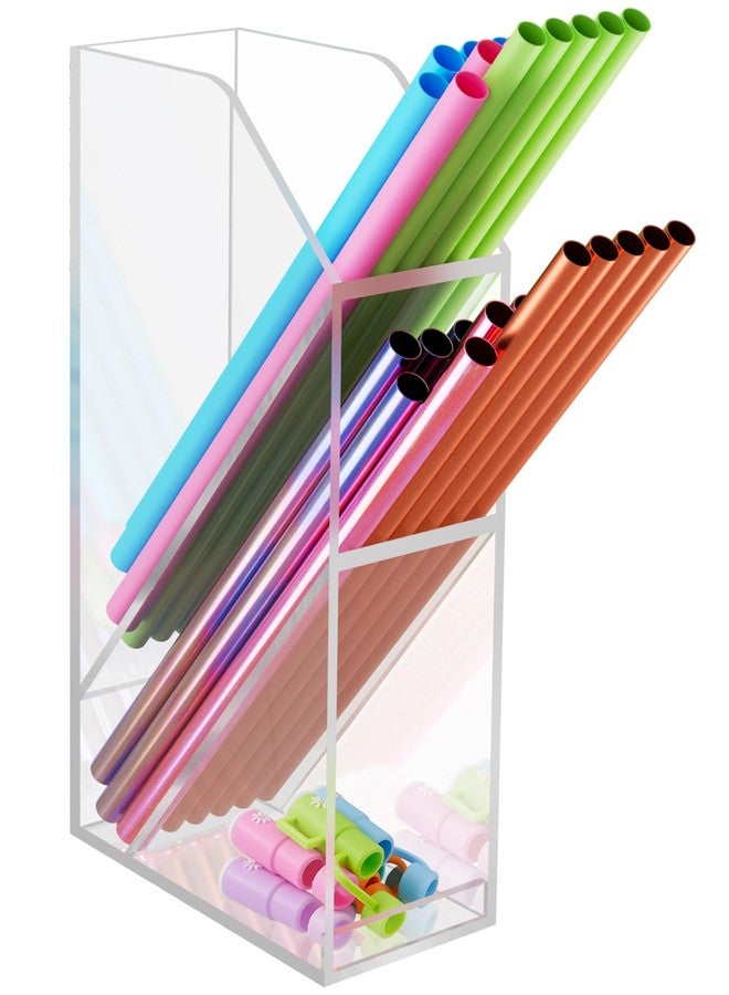 NiHome Straw Holder for Kitchen Cabinet Door, Large Capacity Dual Compartments for 10-12 Inch Straws, Angled Design for Easy Access, Extra Bottom Storage for Caps, Horizontal or Vertical Placement - Image 1