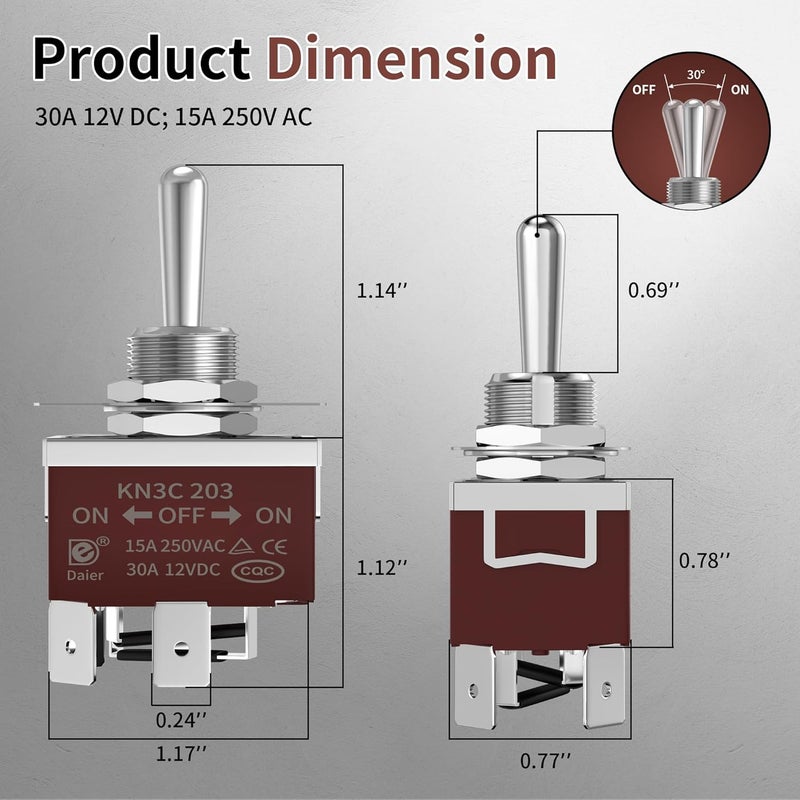 DAIERTEK Latching Reverse Polarity Switch 12V 30A 3 Position Toggle Switch Waterproof DPDT 4 Pin ON Off ON Toggle Switch with Cover for RV Jack DC Motor - Image 2