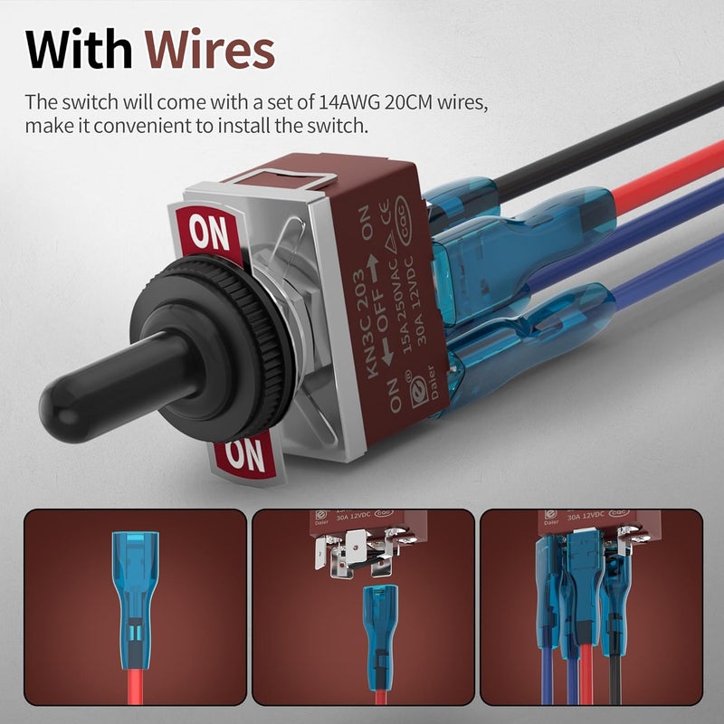 DAIERTEK Latching Reverse Polarity Switch 12V 30A 3 Position Toggle Switch Waterproof DPDT 4 Pin ON Off ON Toggle Switch with Cover for RV Jack DC Motor - Image 5