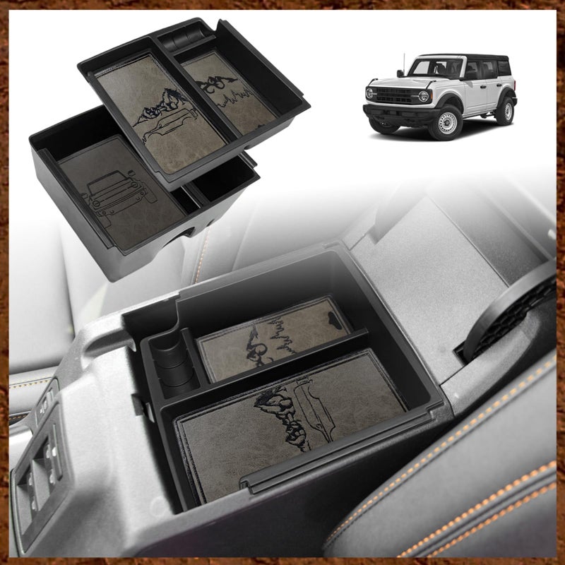 TripleAliners منظم كونسول مركزي TripleAliners متوافق مع فورد برونكو 2021-2024 (لا يتوافق مع سبورت) ملحقات صندوق تخزين كونسول مركزي 2/4 أبواب مصنوع من مادة ABS مع حواف جلدية (V2_Retro Grey) لن يتناسب مع 2025 - Image 1