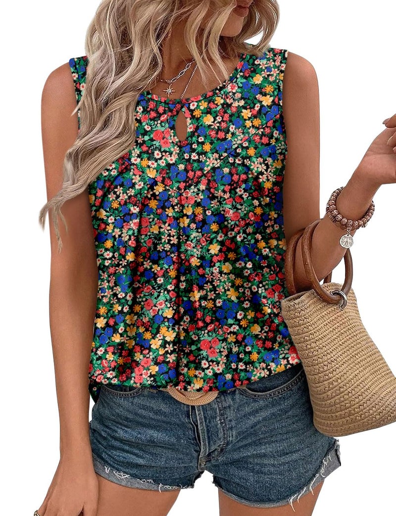 CRAZY GRID 2026 Summer Women's Sleeveless Crewneck Tank Top Trendy Dressy Floral Pleated Lightweight Fashion Beach Shirts Romantic Lilac 3XL - Image 1