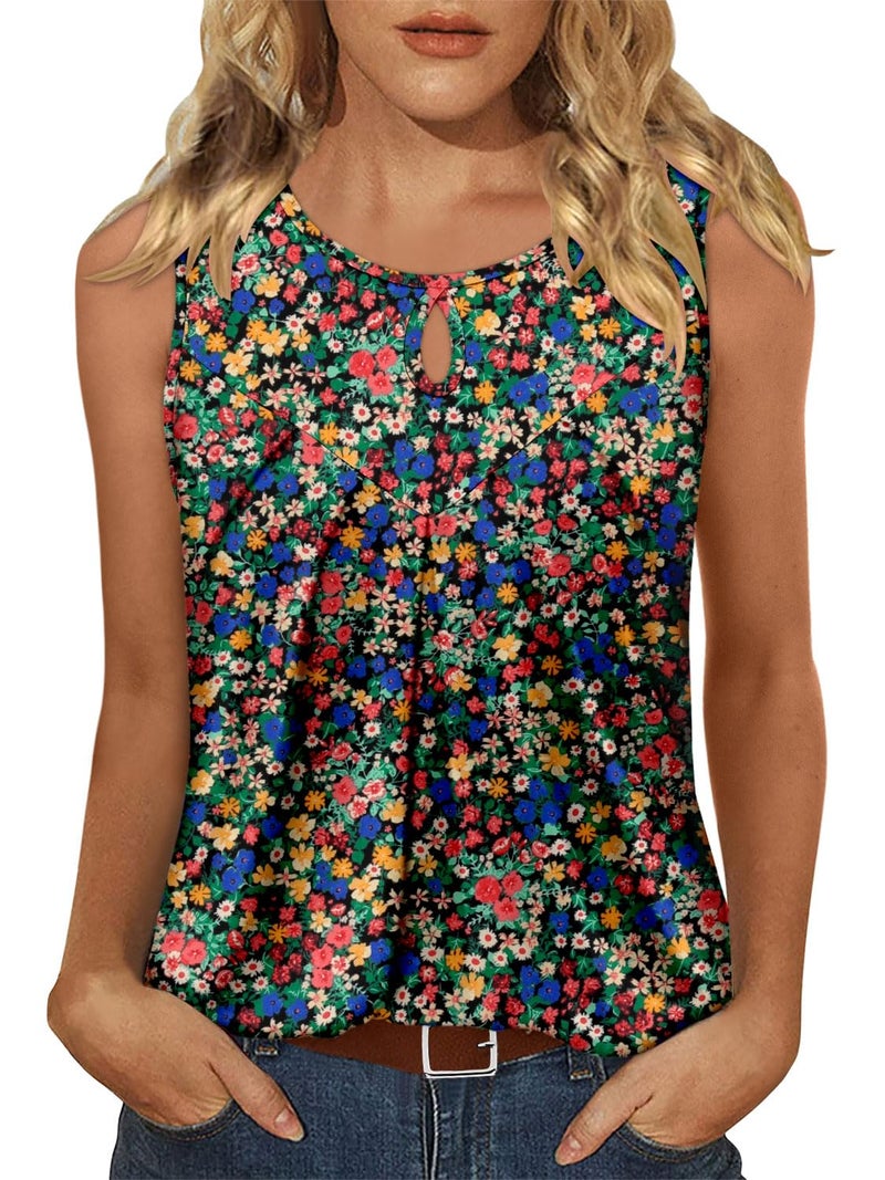 CRAZY GRID 2026 Summer Women's Sleeveless Crewneck Tank Top Trendy Dressy Floral Pleated Lightweight Fashion Beach Shirts Romantic Lilac 3XL - Image 2