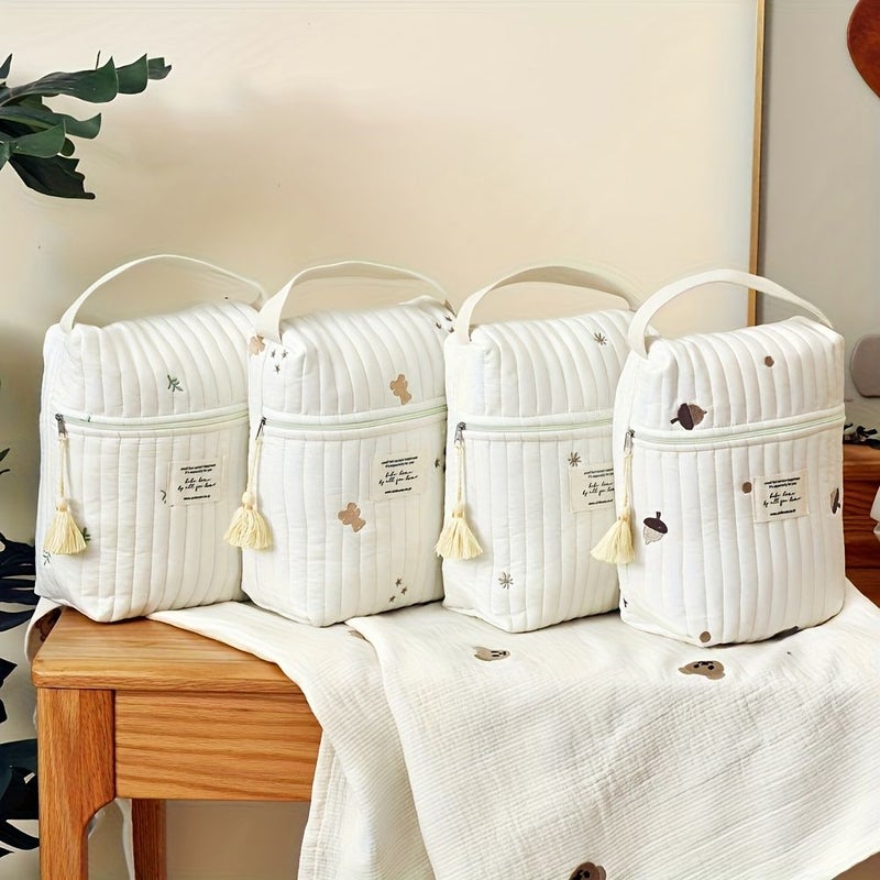 Embroidered Parent Bag With Bottle And Diaper Organizer In Little Bear Stroller Hanging Tote With Zippers - Image 5