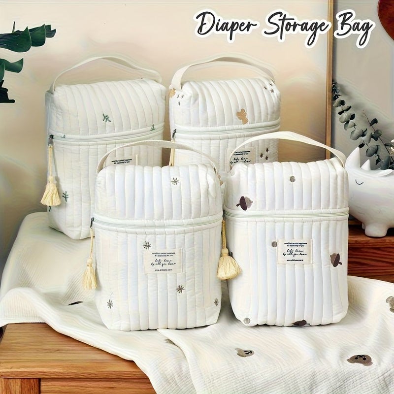 Embroidered Parent Bag With Bottle And Diaper Organizer In Little Bear Stroller Hanging Tote With Zippers - Image 4