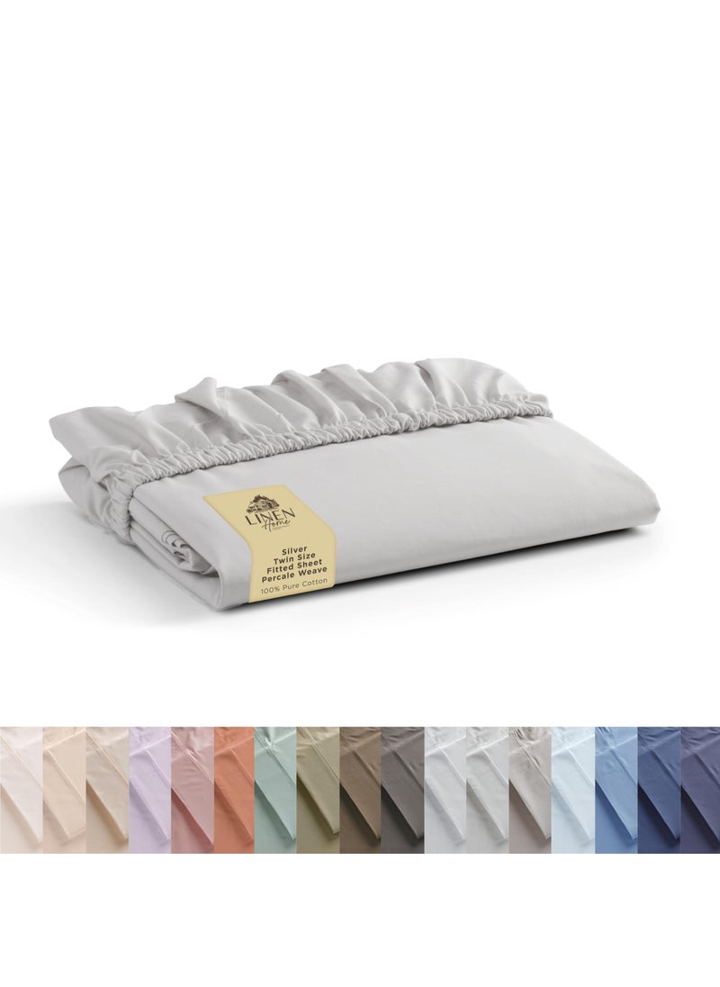 Linen Home 100% Cotton Percale Fitted Sheet Twin Size  Silver  1 Deep Pocket Fitted Sheet  Crisp and Cool Strong Bed Linen  39""X75""+15""  - Image 1