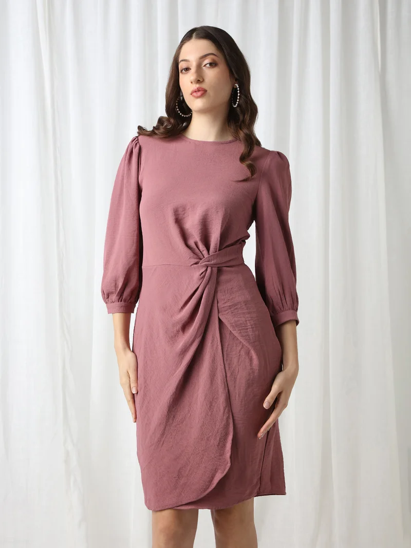 globus Globus Women Pink Round Neck Puff Sleeves Self Design Twisted Detail Mini Workwear Sheath Dress