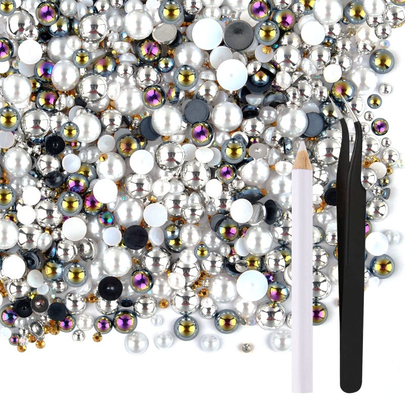 ASTARON 50g Mix Flatback Rhinestones Half Pearls for Crafts Mixed Size 3mm10mm Flat Back Rhinestones for Crafts Flatback Pearls for DIY Tumblers Mugs Nail Art Shoes Clothes Black White Series