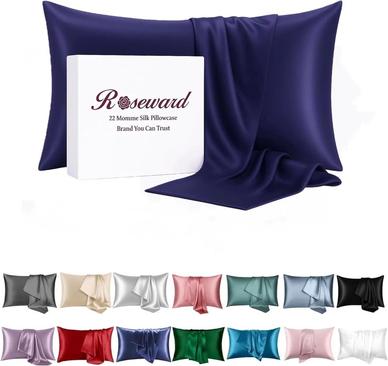 ROSEWARD Oeko-TEX Certified Navy Silk Pillow Cases Queen, 22 Momme, 100% Natural Mulberry Silk Pillowcase for Women Hair and Skin, Organic (Navy Blue, Queen) - Image 1