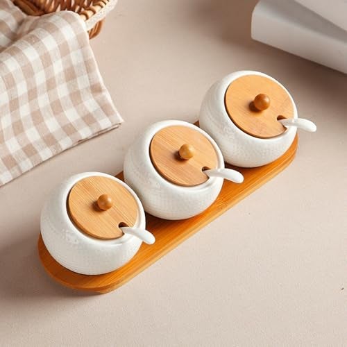 TOMATUS® Condiment Jar Spice Container with Bamboo Lids & Tray, Ceramic Serving Spoon, Set of 3, White, 170ml(5.8 OZ), Perfect Spice Storage for Home, Kitchen - Image 2