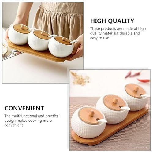 TOMATUS® Condiment Jar Spice Container with Bamboo Lids & Tray, Ceramic Serving Spoon, Set of 3, White, 170ml(5.8 OZ), Perfect Spice Storage for Home, Kitchen - Image 5