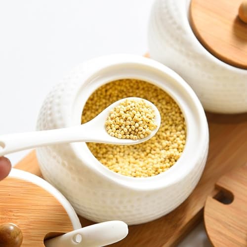 TOMATUS® Condiment Jar Spice Container with Bamboo Lids & Tray, Ceramic Serving Spoon, Set of 3, White, 170ml(5.8 OZ), Perfect Spice Storage for Home, Kitchen - Image 4