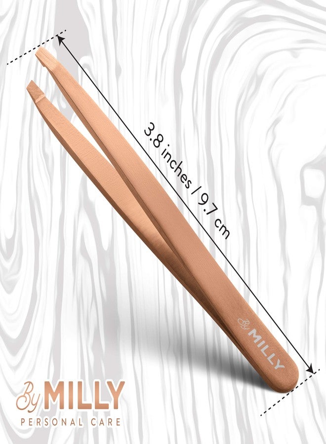 By MILLY German Steel Professional Slanted Tweezers - Hammer Forged 100% Stainless Steel - Hand-Filed and Aligned Slant Tips for Precision - Rose Gold - Image 5