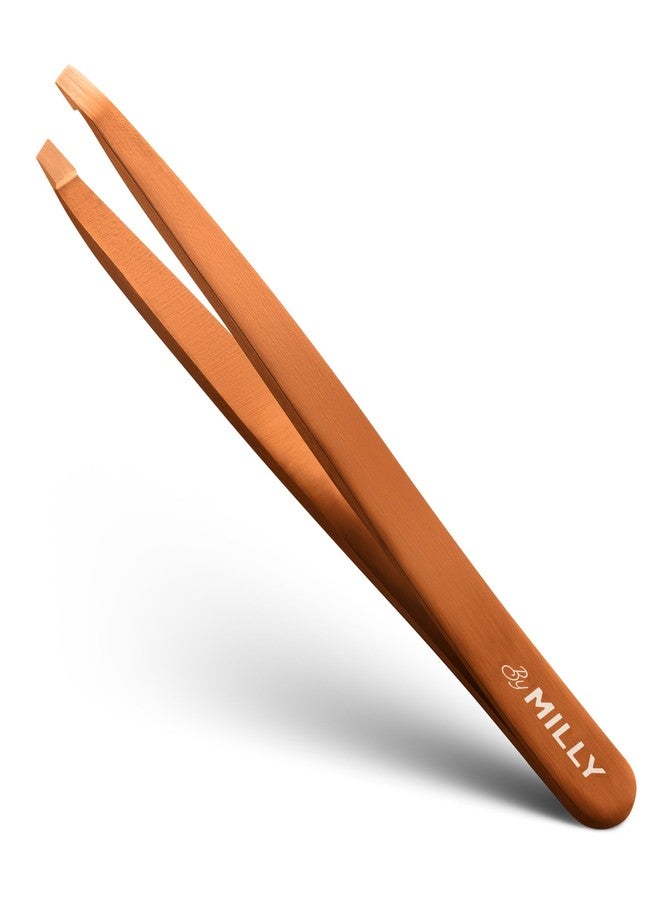 By MILLY German Steel Professional Slanted Tweezers - Hammer Forged 100% Stainless Steel - Hand-Filed and Aligned Slant Tips for Precision - Rose Gold - Image 1