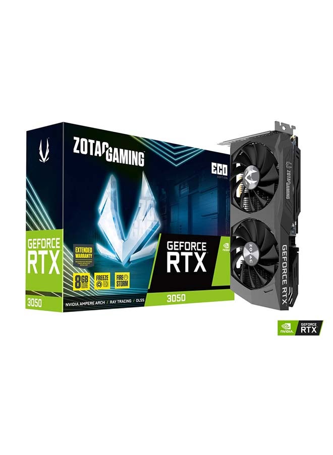 GAMING GEFORCE RTX 3050 ECO Edition Graphics Card, 8GB GDDR6 128-bit Memory, 14 Gbps Memory Clock, 1777 MHz Boost Clock, 2560 CUDA, PCI E 4.0 8x, 3x DP 1.4a / 1x HDMI | ZT-A30500K-10M Black