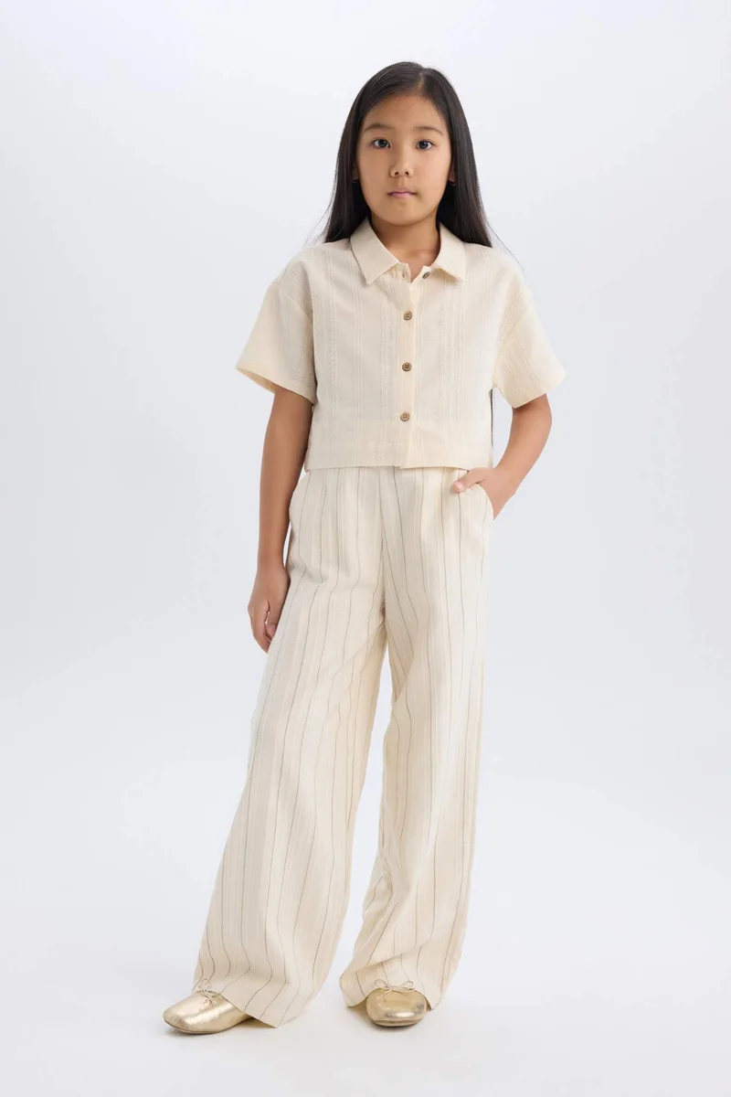 ديفاكتو Girl Crop Short Sleeve Linen Shirt