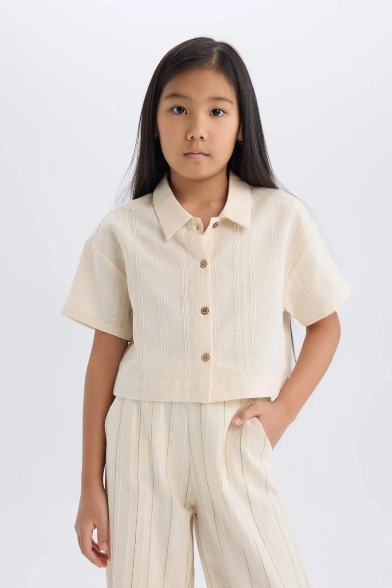 ديفاكتو Girl Crop Short Sleeve Linen Shirt