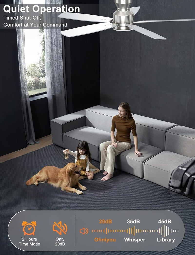 Ohniyou Ceiling Fans with Lights, 52'' Low Profile Ceiling Fan with Light and Remote/APP Control, Modern Flush Mount Ceiling Fan for Indoor Bedroom Living Room, Dimmable, Qiuet DC Motor, Silver - Image 5