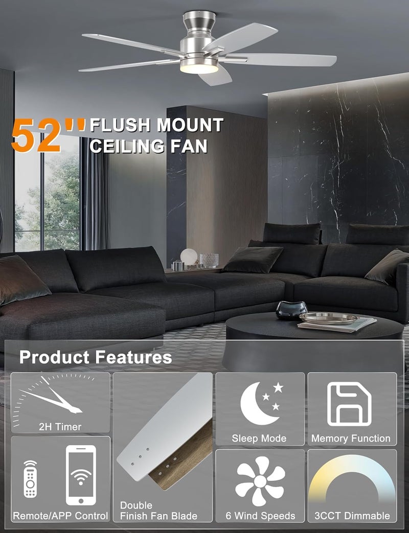 Ohniyou Ceiling Fans with Lights, 52'' Low Profile Ceiling Fan with Light and Remote/APP Control, Modern Flush Mount Ceiling Fan for Indoor Bedroom Living Room, Dimmable, Qiuet DC Motor, Silver - Image 2