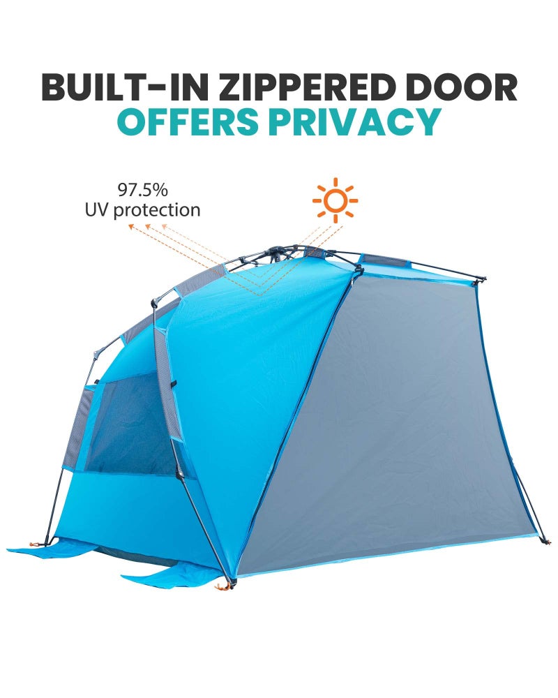 OutdoorMaster Pop Up Beach Tent for 4 Person - Easy Setup and Portable Beach Shade Sun Shelter Canopy with UPF 50+ UV Protection Removable Skylight Family Size - Blue - Image 2