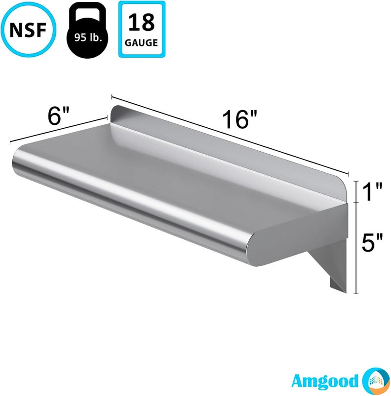 AmGood 6" X 16" Stainless Steel Wall Shelf | NSF | Metal Shelving | Garage, Laundry, Storage, Utility Room | Restaurant, Commercial Kitchen - Image 3