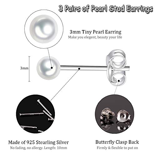 EPIRORA Sterling Silver Stud Earrings for Women Men- 3 Pairs 3mm Tiny Ball Stud Earrings Round CZ Earrings Pearl Earrings Set Cartilage Small Tragus Earrings - Image 2