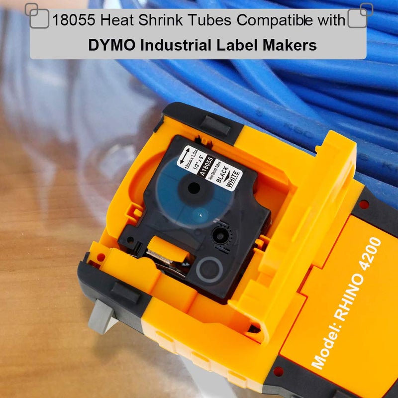 Aonomi Replacement for Dymo 18055 a18055 Rhino Heat Shrink Tube Labels, 1/2 Industrial Black on White Label Tape, Work with DYMO Rhino 4200, 5200, 5000 Label Makers, 1/2" x 4.9'(12mm x 1.5m), 5-Pack - Image 2