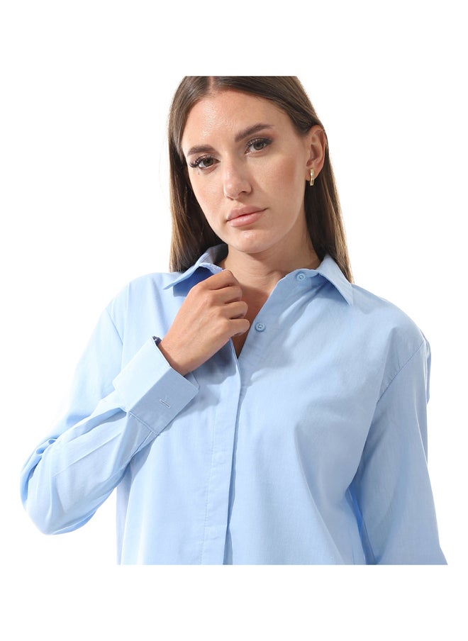 Andora - Plain Basic Long Buttons Sky Blue Shirt_Blue - Image 1