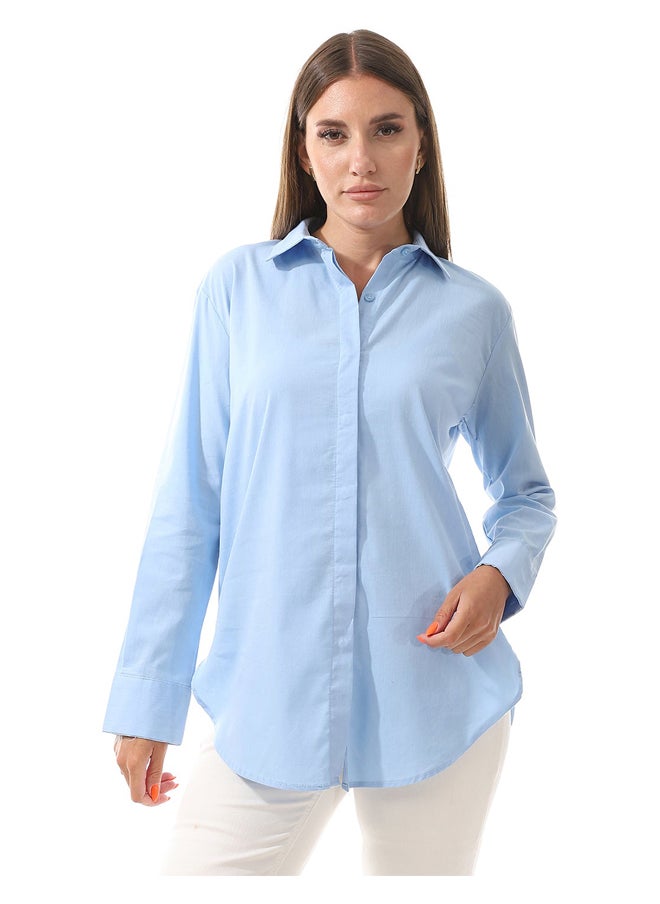 Andora - Plain Basic Long Buttons Sky Blue Shirt_Blue - Image 1