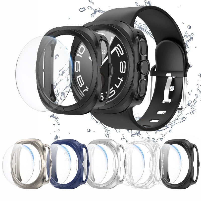 BHARVEST [5+5 Pack] Galaxy Watch 7 Ultra 47mm Screen Protector, Waterproof Case Protective Cover+Tempered Glass Screen Protector Ultra-Thin Hard PC Guard Bumper for Samsung Galaxy Watch 7 47mm Men - Image 1