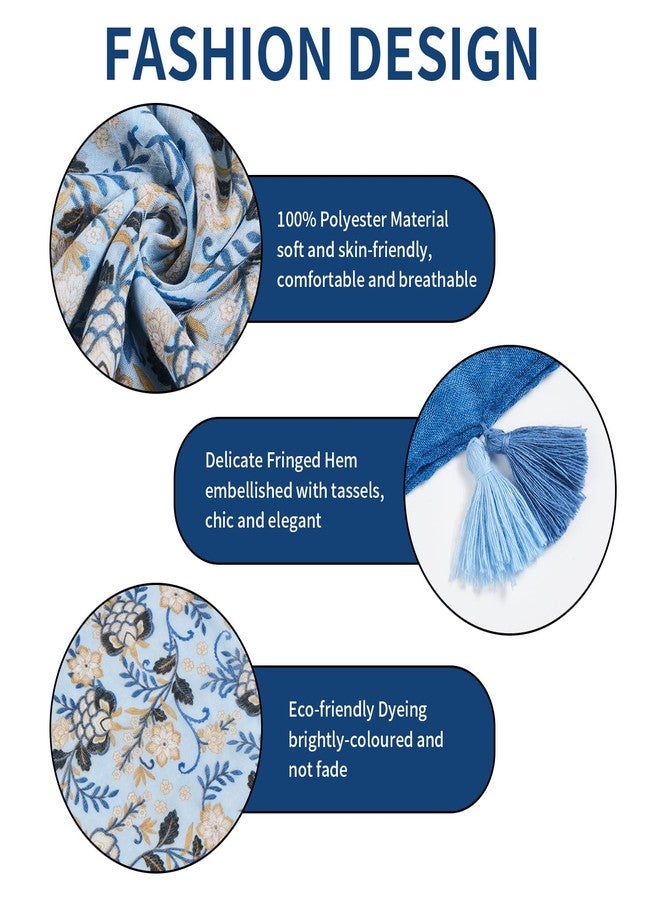 QIUTIMIY Scarf for Women Lightweight Soft Floral Printed Scarves Fall Winter Fashion Shawl Wrap with Fringe(Flower-Lake Blue) - Image 2