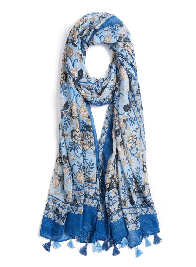 QIUTIMIY Scarf for Women Lightweight Soft Floral Printed Scarves Fall Winter Fashion Shawl Wrap with Fringe(Flower-Lake Blue) - Image 1