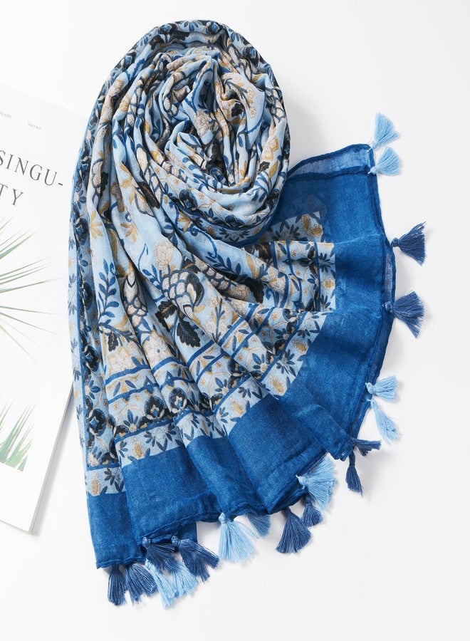 QIUTIMIY Scarf for Women Lightweight Soft Floral Printed Scarves Fall Winter Fashion Shawl Wrap with Fringe(Flower-Lake Blue) - Image 4