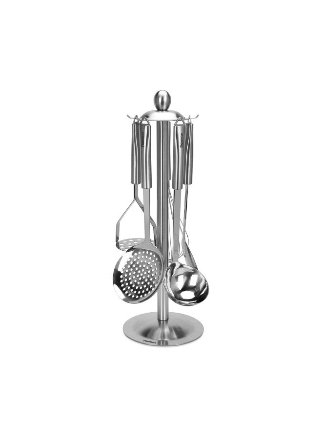 Fissman 6-Piece Kitchen Tool Set w/Hang Hole, Skimmer Ladle, Potato Masher, Balloon Whisk, Soup Ladle, Serving Spoon, Utensil Stan, Stainless Steel Tool Set Bergamo Series for Cooking, Dishwasher Safe - Image 1