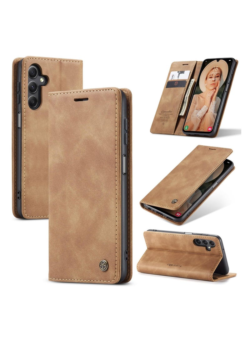 CaseMe Phone Case Luxury PU Leather Design 013 Flip Cover Card Slot Holder Cover For Samsung Galaxy A15 (Brown) - Image 1