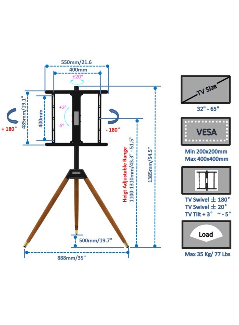 Tripod TV Stand with 180° Swivel & Tilt | Steel & Beech Wood Design | Height Adjustable for 32-65" Screens | Safety Rope & Cable Management​ Black