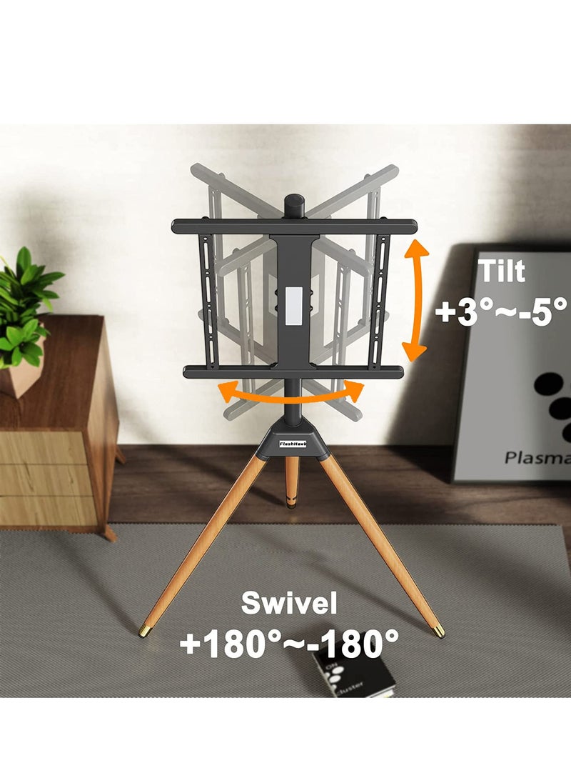 FlashHawk Tripod TV Stand with 180° Swivel & Tilt | Steel & Beech Wood Design | Height Adjustable for 32-65" Screens | Safety Rope & Cable Management​ Black  - Image 4
