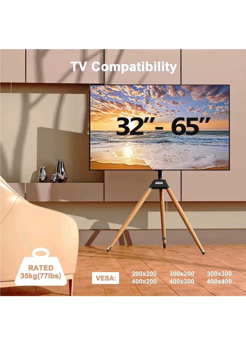 FlashHawk Tripod TV Stand with 180° Swivel & Tilt | Steel & Beech Wood Design | Height Adjustable for 32-65" Screens | Safety Rope & Cable Management​ Black  - Image 3